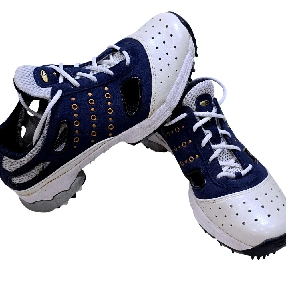 Adidas Traxion Womens Size 5.5 Golf Shoes Navy‎ White Gold Accents Spikes